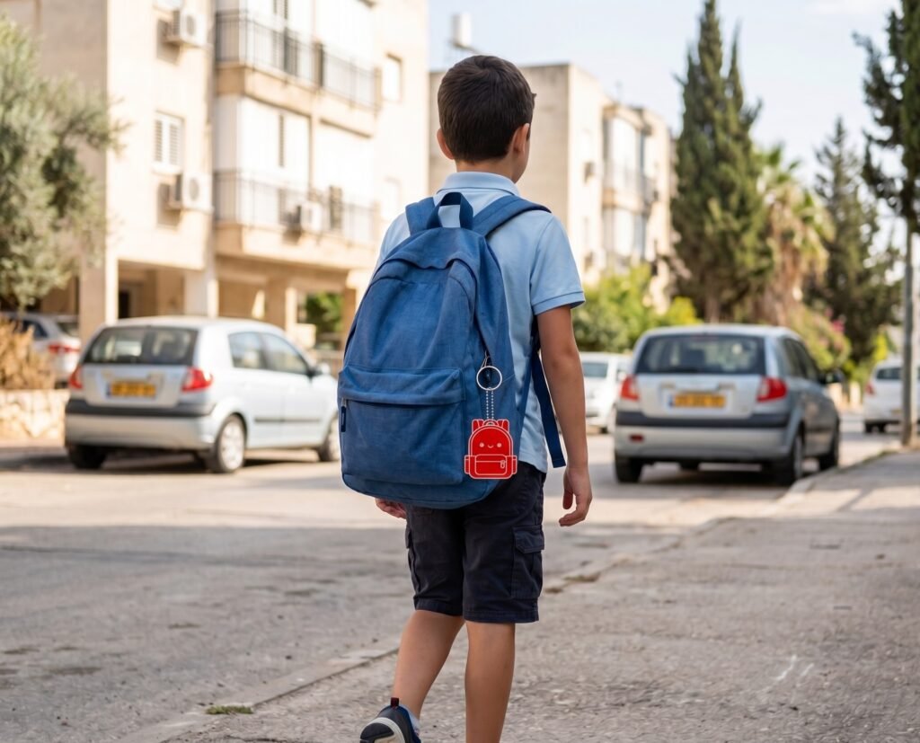 ילד הולך לבית הספר עם תגצ׳יק אדום תלוי על התיק