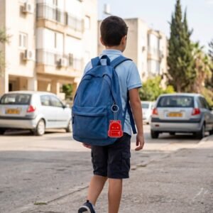 ילד הולך לבית הספר עם תגצ׳יק אדום תלוי על התיק
